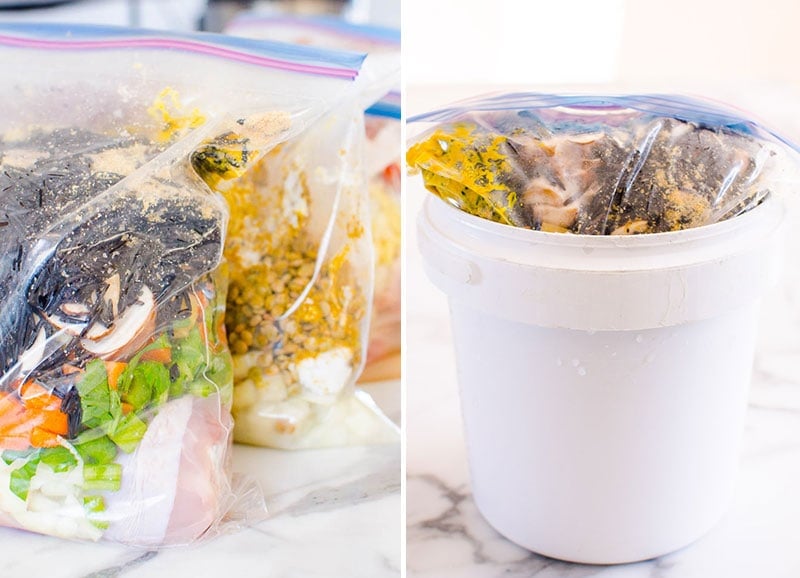 Freezer meal in a bucket and on a kitchen counter.
