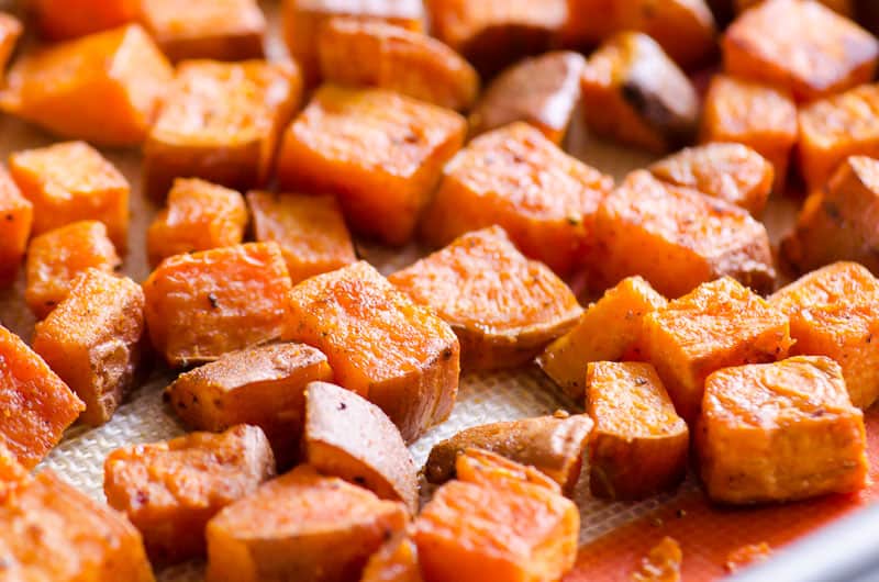 roasted sweet potatoes on a baking sheet